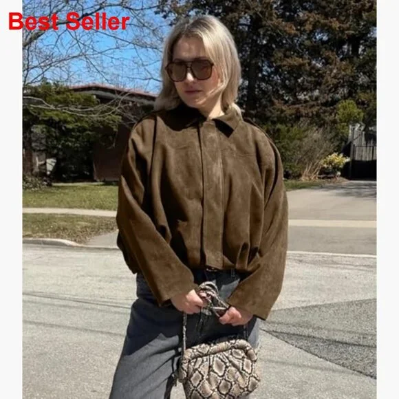 Faux Suede Bomber Jacket with Lapel Collar and Dolman Sleeves - Picture 3 of 7